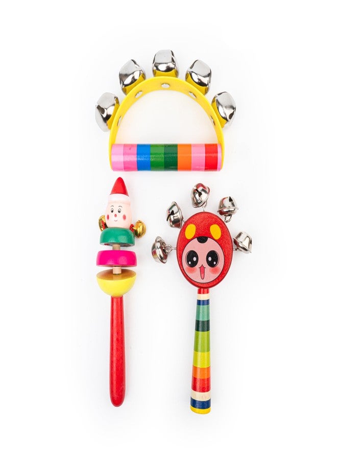 WoCra® Wooden Baby Rattle Toys - Pack of 3 | Handmade Musical Rattles for Newborns, Infants & Toddlers | Non-Toxic Safe Wood | Cartoon Animal, Smile Face & Rainbow Handshake Bell (Random Colors) - Image 1